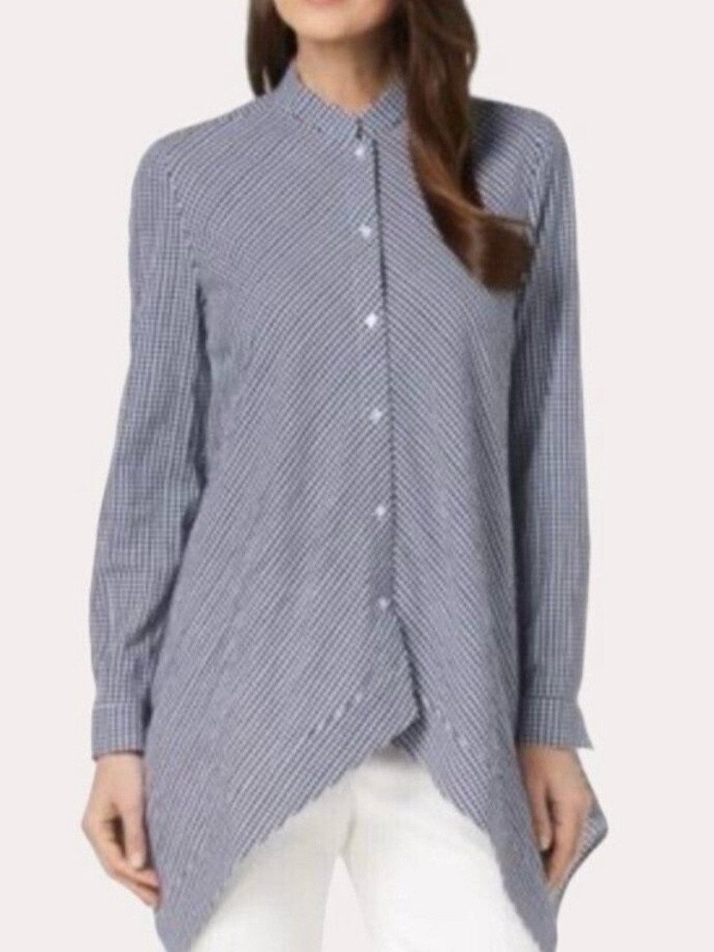 Anne Klein Gingham Asymmetrical Hem Shirt, Size 14